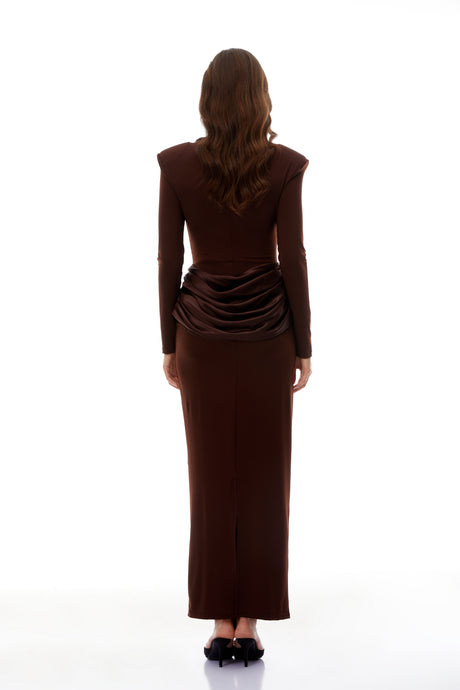 Aurohaya Norma Brown Draped Panel Maxi Dress