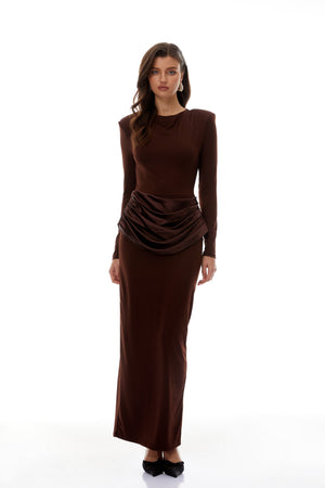 Aurohaya Norma Brown Draped Panel Maxi Dress