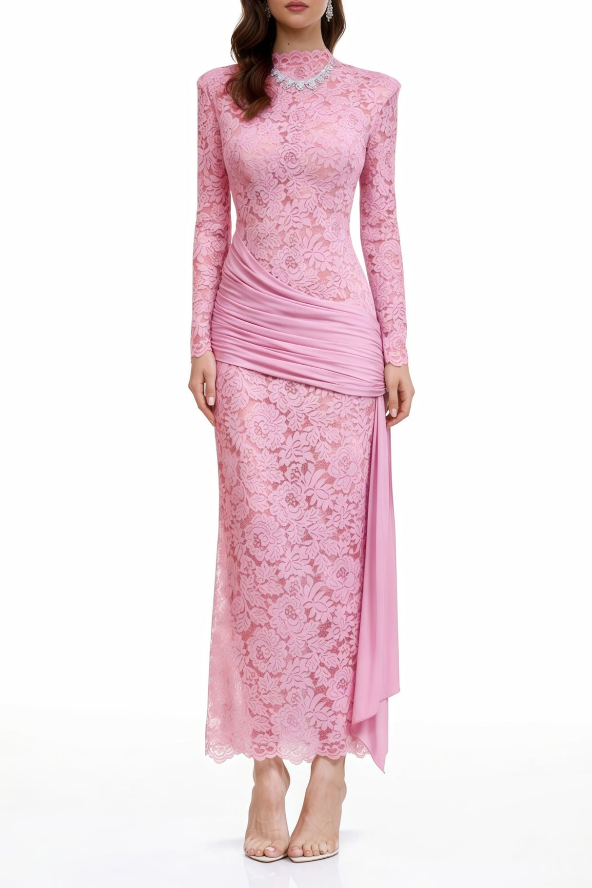 Aurohaya Nuria Pink Ribbon Detail Floral Lace Midi Dress