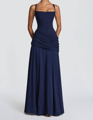 Victoire Square Neck Elegant Maxi Dress / Navy