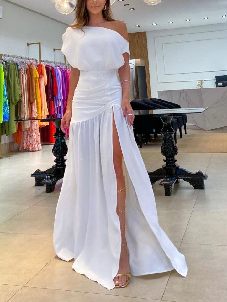 Aurohaya Elegant Slant Neck Slit Floor-Mounting Maxi Dress White
