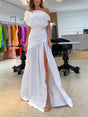 Aurohaya Elegant Slant Neck Slit Floor-Mounting Maxi Dress White