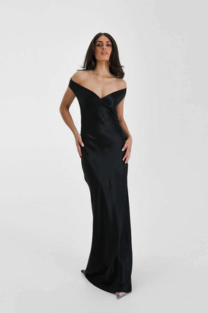 Aurohaya Félicité Satin Off-Shoulder Maxi Dress Black