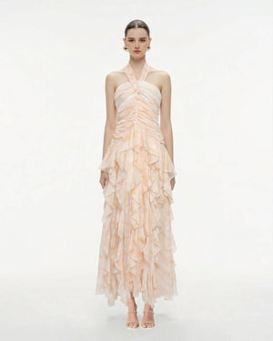 Aurohaya Mila Ruffle Halter Maxi Dress BEIGE