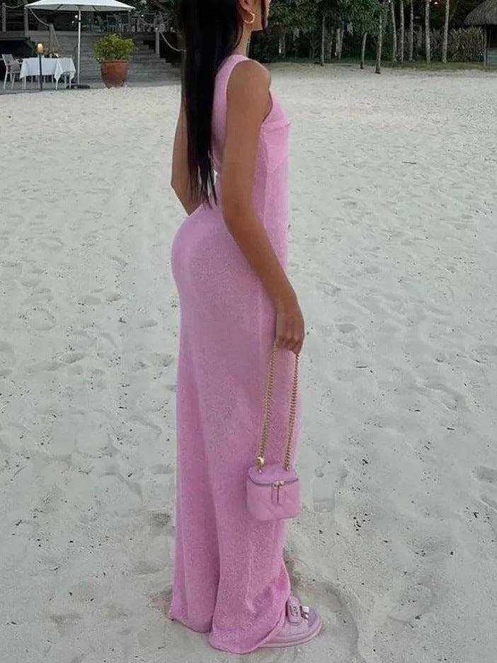 Aurohaya Fashion Crew Neck Knitted Beach Maxi Dress