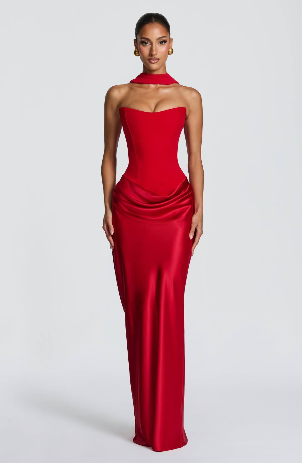 Aurohaya Coline Elegant Strapless Satin Maxi Dress Red
