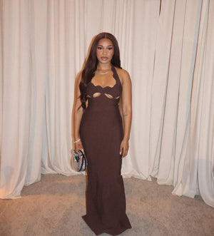 Aurohaya Noisette Halter Cut-Out Bodycon Maxi Dresses Brown