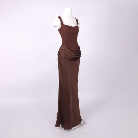 Hortense Square Neck Corset Maxi Dress / Brown