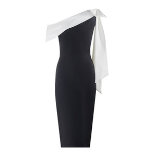 Aurohaya Inès One Shoulder Elegant Midi Dress Black & White