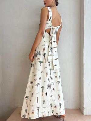 Aurohaya Fashionable Personalized Graffiti Suspender Sexy Backless Maxi Dress