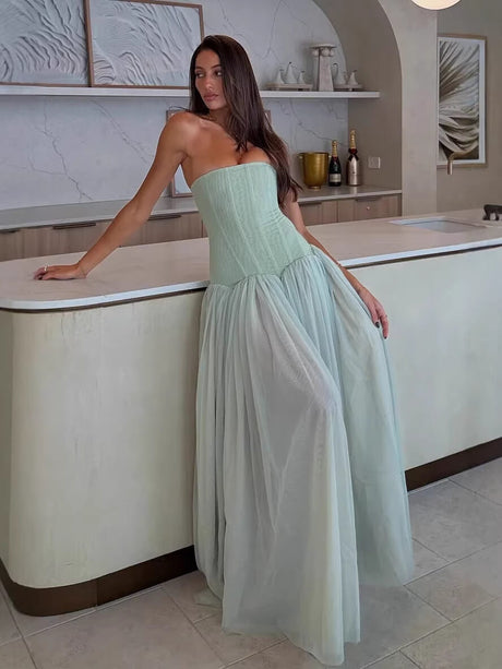 Aurohaya Galaxie Strapless Pleated Maxi Dress