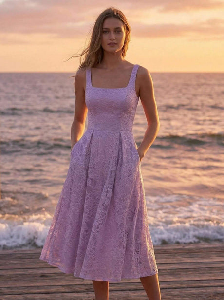 Subtilité Square Neck Lace Midi Dress