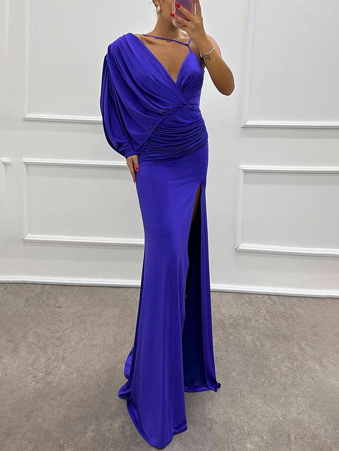 Aurohaya Fashion V-Neck Pleated Slit Sexy Maxi Dress Blue