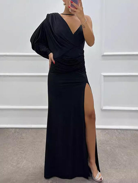 Aurohaya Fashion V-Neck Pleated Slit Sexy Maxi Dress