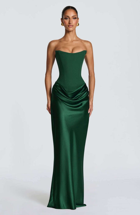 Aurohaya Coline Elegant Strapless Satin Maxi Dress Dark Green