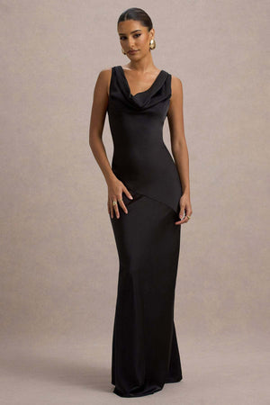 Aurohaya Élodie Satin Cowl-Neck Slip Maxi Dress Black
