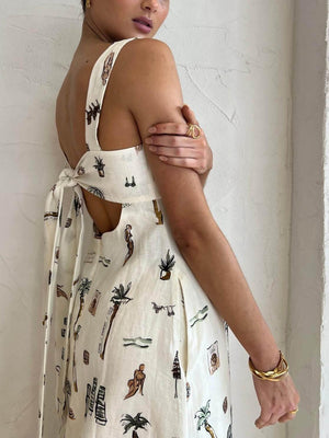 Aurohaya Fashionable Personalized Graffiti Suspender Sexy Backless Maxi Dress