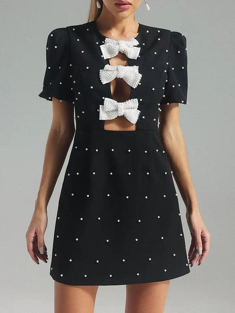 Aurohaya Elegant And Exquisite Bow Puff Sleeve Mini Dress Black