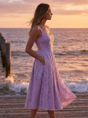 Subtilité Square Neck Lace Midi Dress