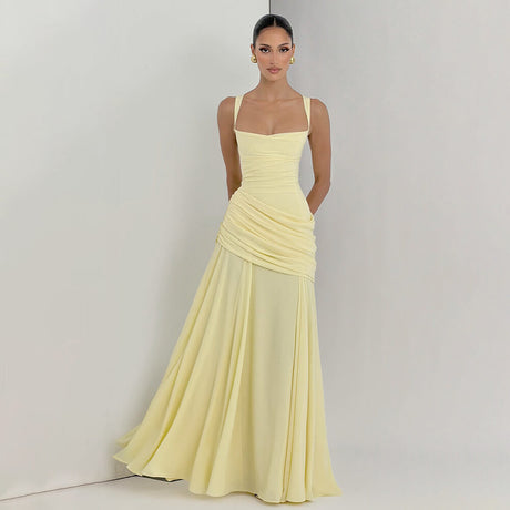 Aurohaya Victoire Square Neck Elegant Maxi Dress Yellow