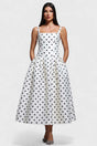 Aurohaya Madeleine Polka Dot Square Neck A-Line Midi Dress White