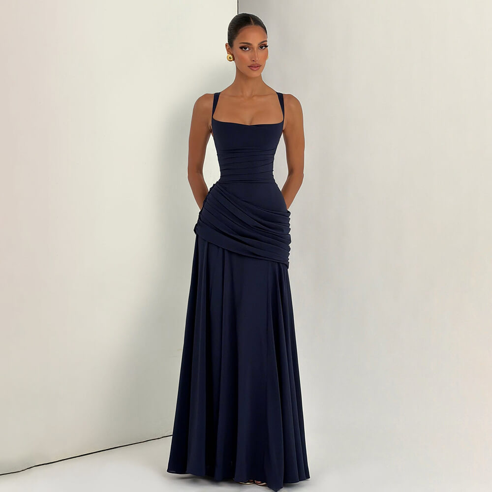 Aurohaya Victoire Square Neck Elegant Maxi Dress Navy