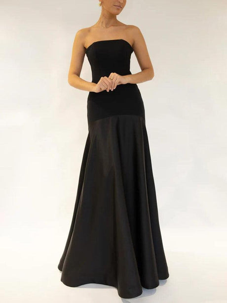 Aurohaya Elegant Satin One-Shoulder A-Line Maxi Dress Black