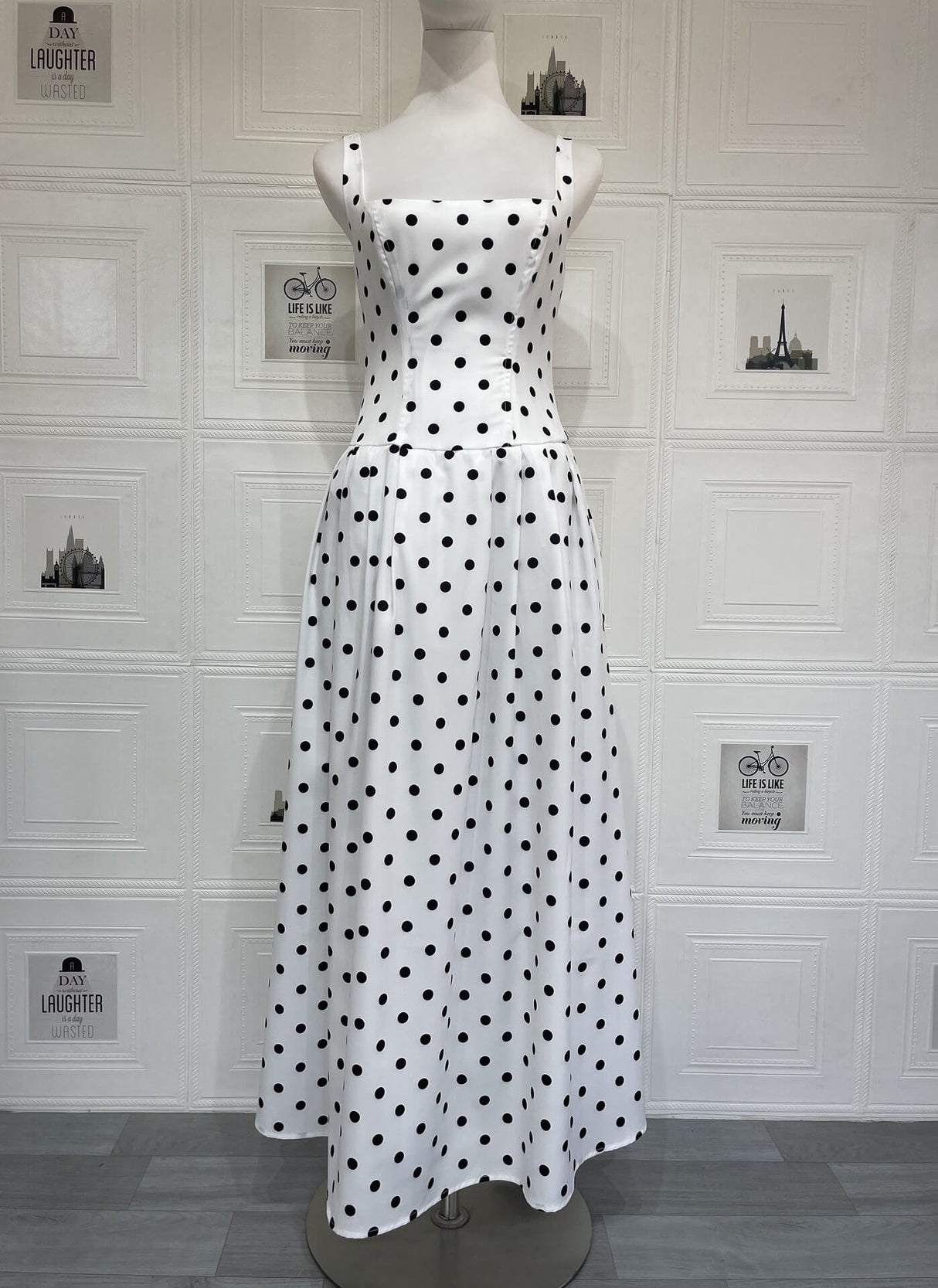 Aurohaya Madeleine Polka Dot Square Neck A-Line Maxi Dress White