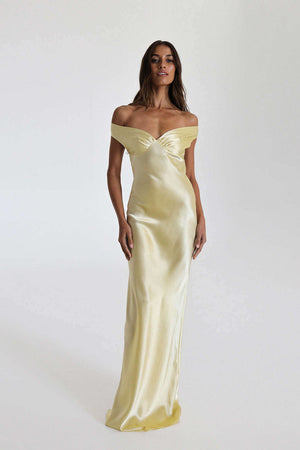 Aurohaya Félicité Satin Off-Shoulder Maxi Dress Yellow