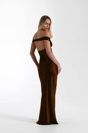 Aurohaya Félicité Satin Off-Shoulder Maxi Dress