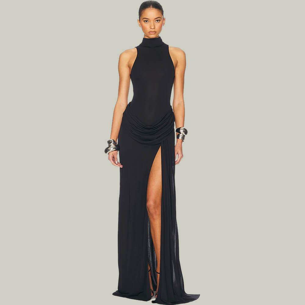 Aurohaya Selyra High-Neck Ruched Maxi Dress Black