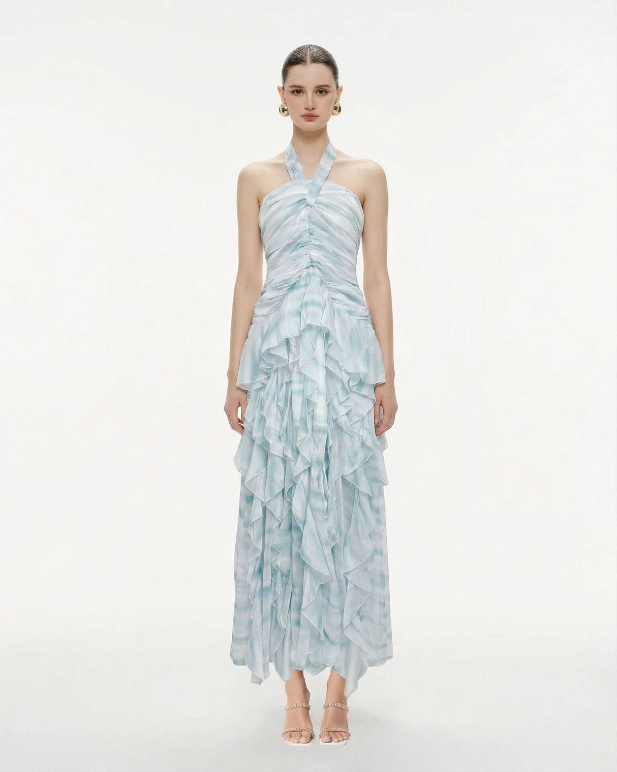 Aurohaya Mila Ruffle Halter Maxi Dress BLUE