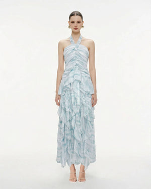 Aurohaya Mila Ruffle Halter Maxi Dress BLUE