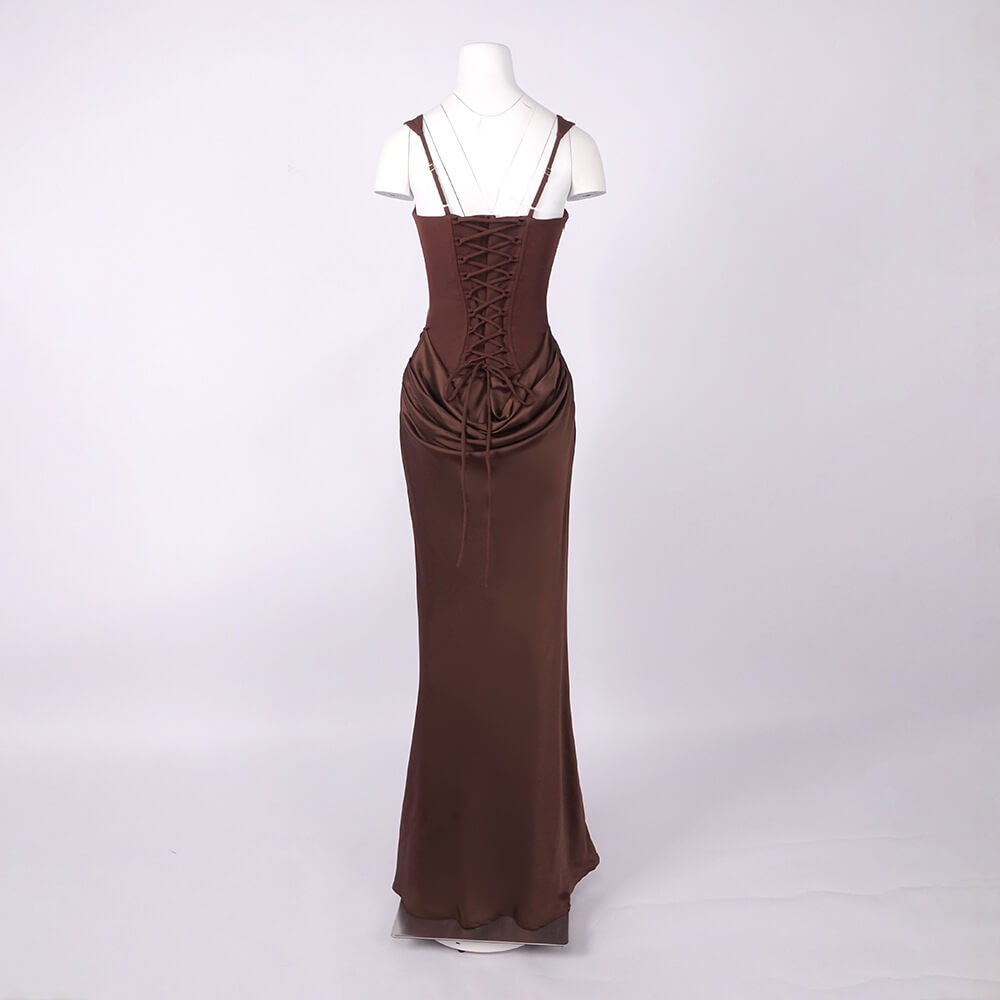 Hortense Square Neck Corset Maxi Dress / Brown