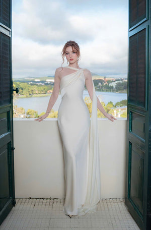 Aurohaya Adeline One-Shoulder Satin Maxi Dress White