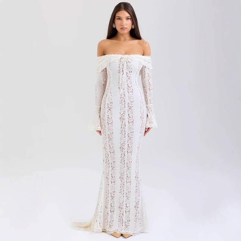 Aurohaya Capucine Off Shoulder Lace Maxi Dress White