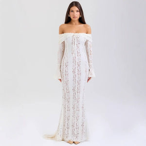 Aurohaya Capucine Off Shoulder Lace Maxi Dress White