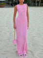 Aurohaya Fashion Crew Neck Knitted Beach Maxi Dress Pink