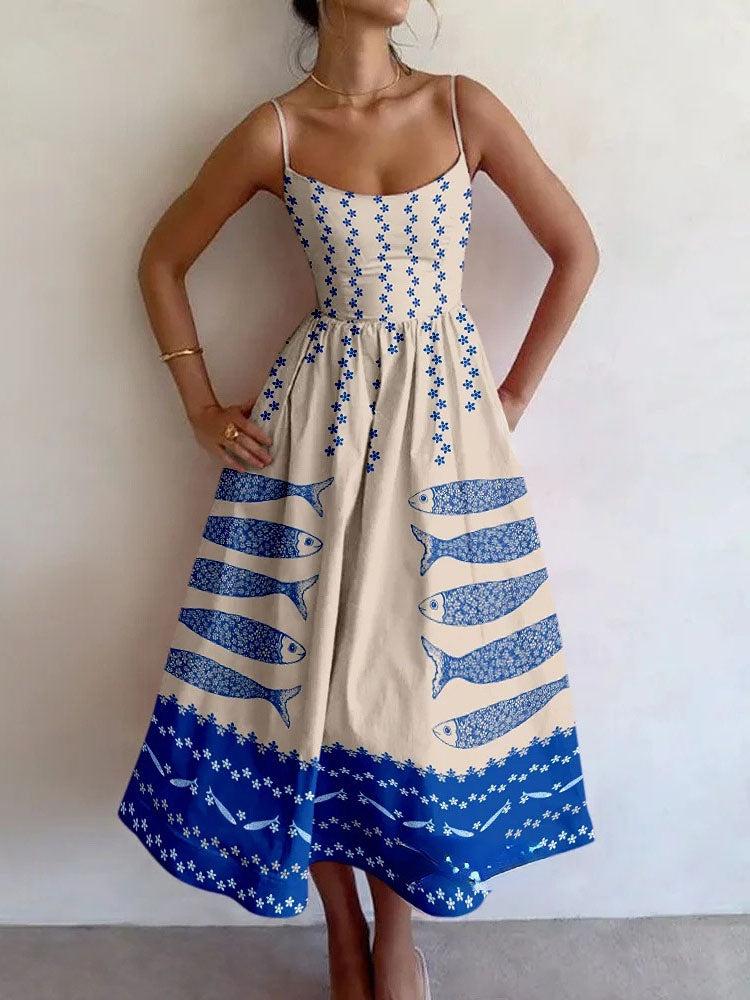 Aurohaya Unique Fish Floral Print Midi Dress Blue