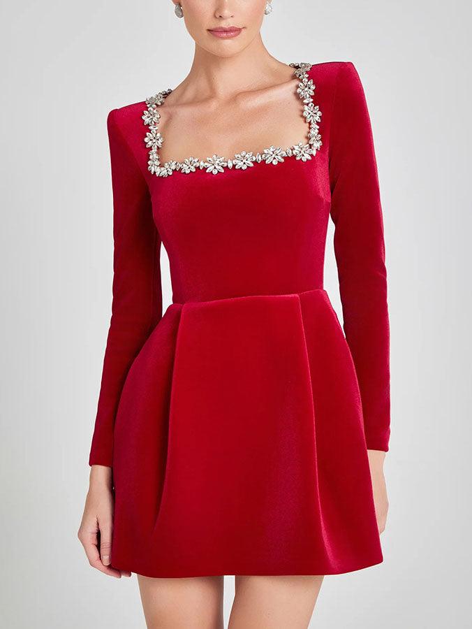 Aurohaya Elegant Square Neck Crystal Embellished Mini Dress Red