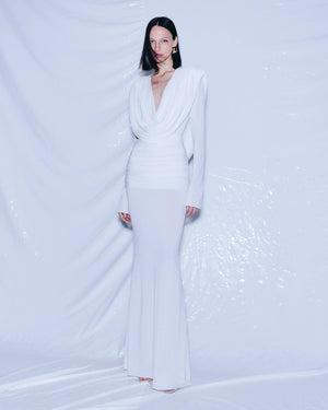 Aurohaya Lumière Long Sleeve Deep V Maxi Dress White