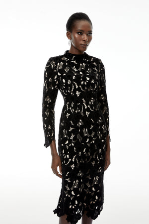 Aurohaya Hafdis Black Floral Embroidered Midi Dress