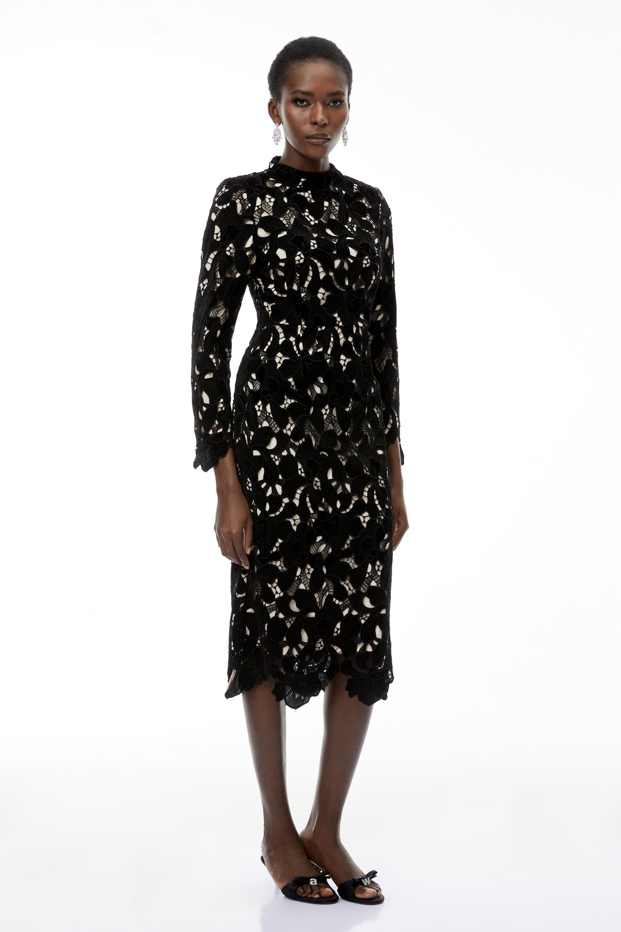 Aurohaya Hafdis Black Floral Embroidered Midi Dress