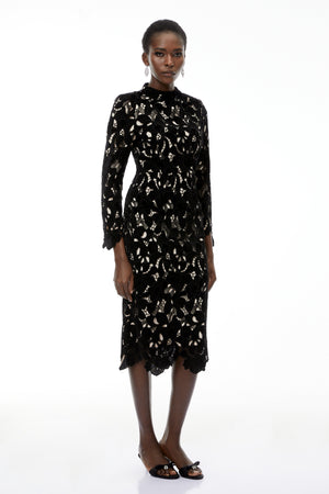 Aurohaya Hafdis Black Floral Embroidered Midi Dress