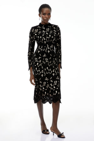 Aurohaya Hafdis Black Floral Embroidered Midi Dress