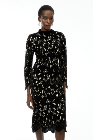 Aurohaya Hafdis Black Floral Embroidered Midi Dress