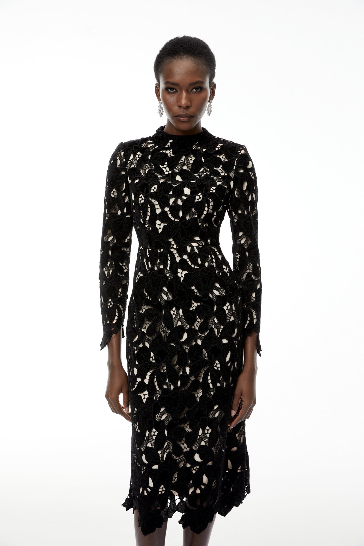 Aurohaya Hafdis Black Floral Embroidered Midi Dress