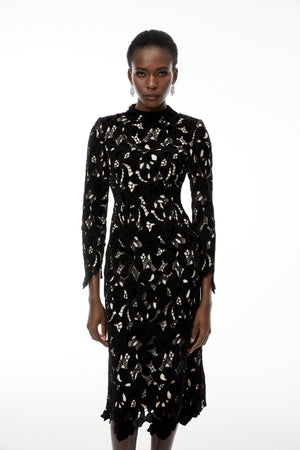 Aurohaya Hafdis Black Floral Embroidered Midi Dress