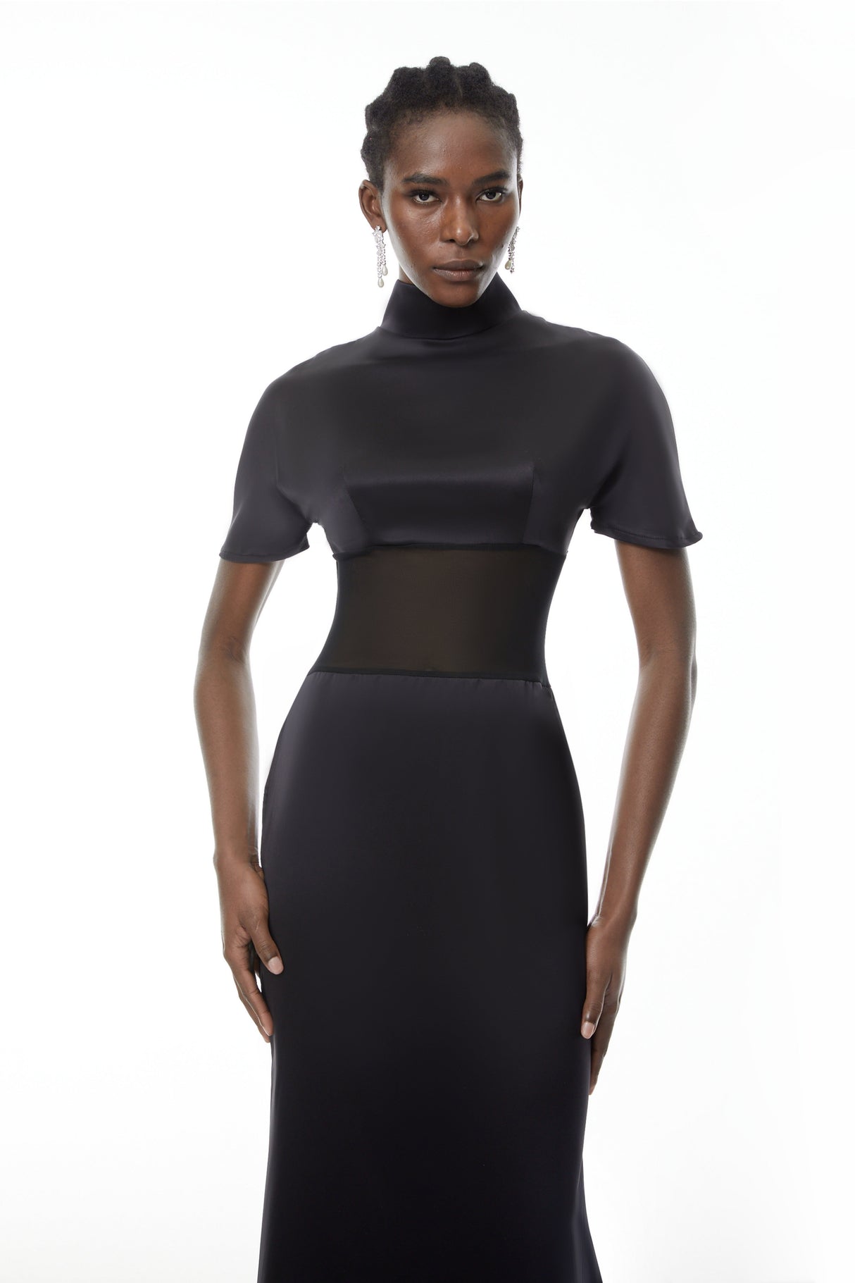 Aurohaya Odelia Black High Neck Sheer Maxi Dress