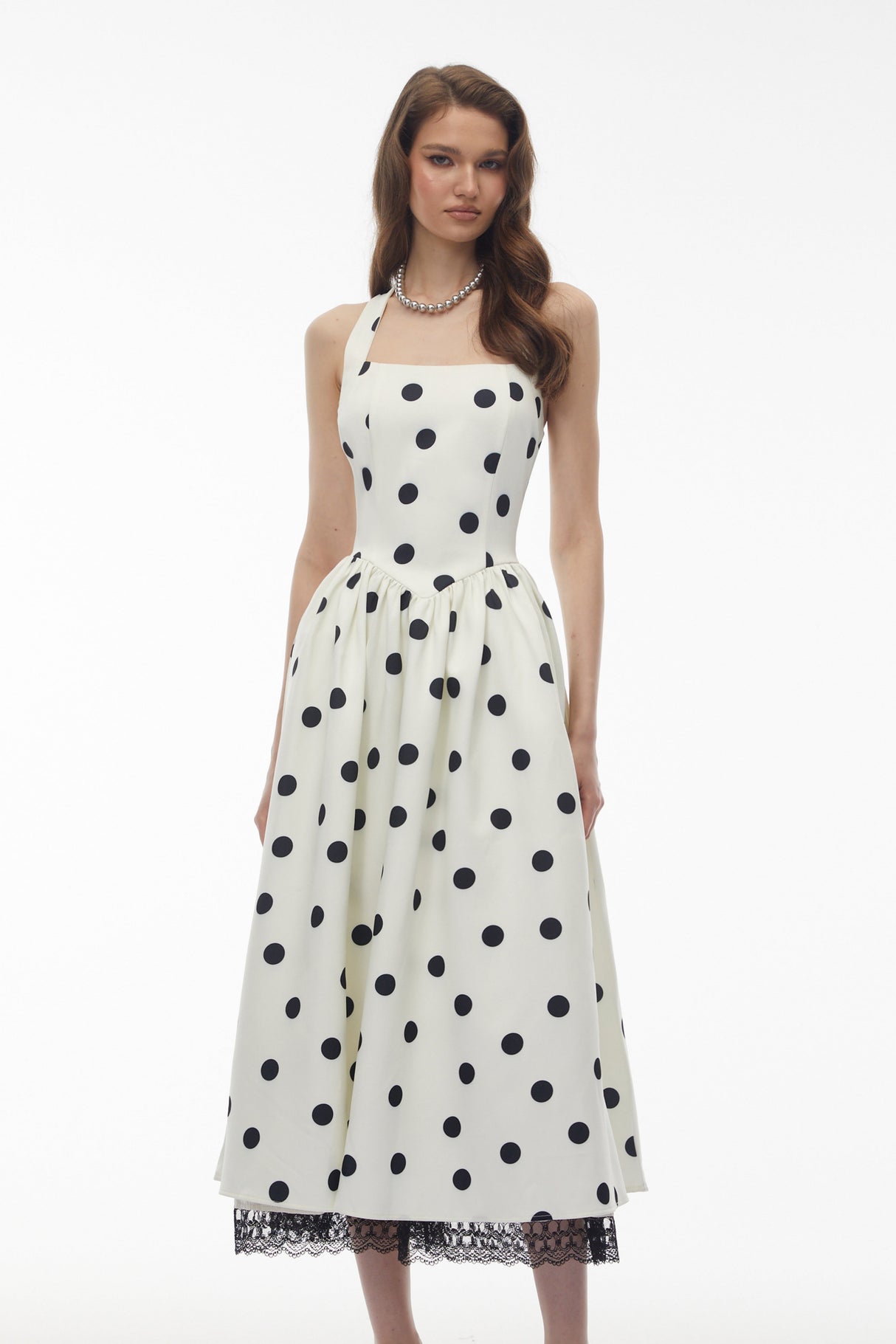 Aurohaya Odelia White Polka Dot Midi Dress with Lace Trim